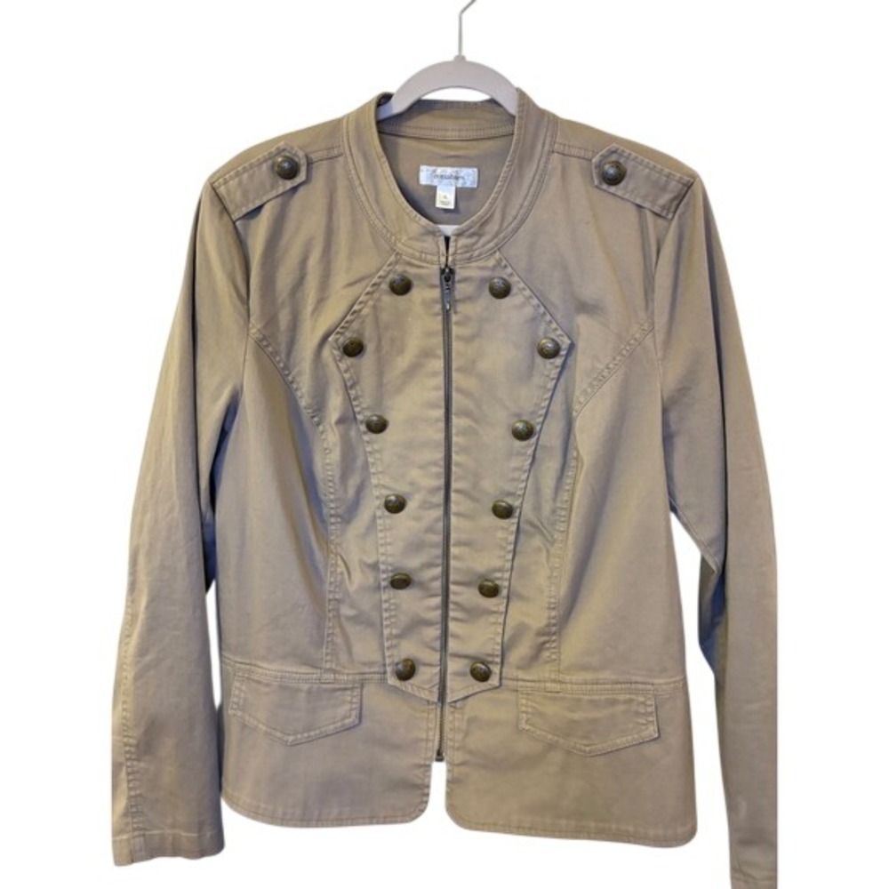 Dressbarn Vintage Military Jacket Tan Khaki Cotton Full Zip Crest Button XL